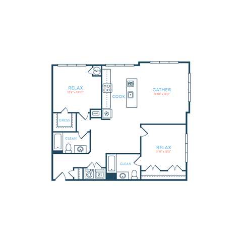 Floor plan for 2 beds, 2 baths, 1147 sqft